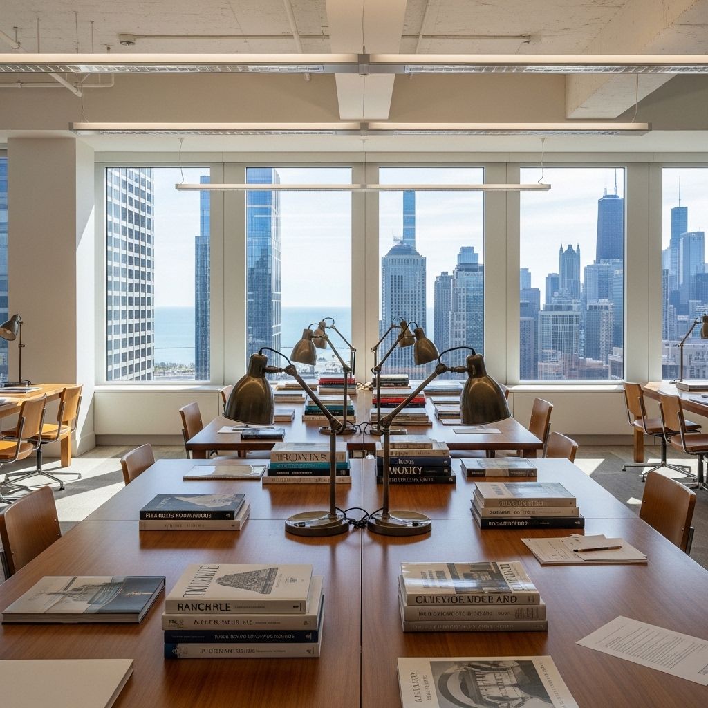 Редакционный офис Tenaro в Чикаго с высокими потолками, длинными деревянными столами, стопками книг об архитектуре и искусстве, панорамными окнами с видом на Lake Michigan
