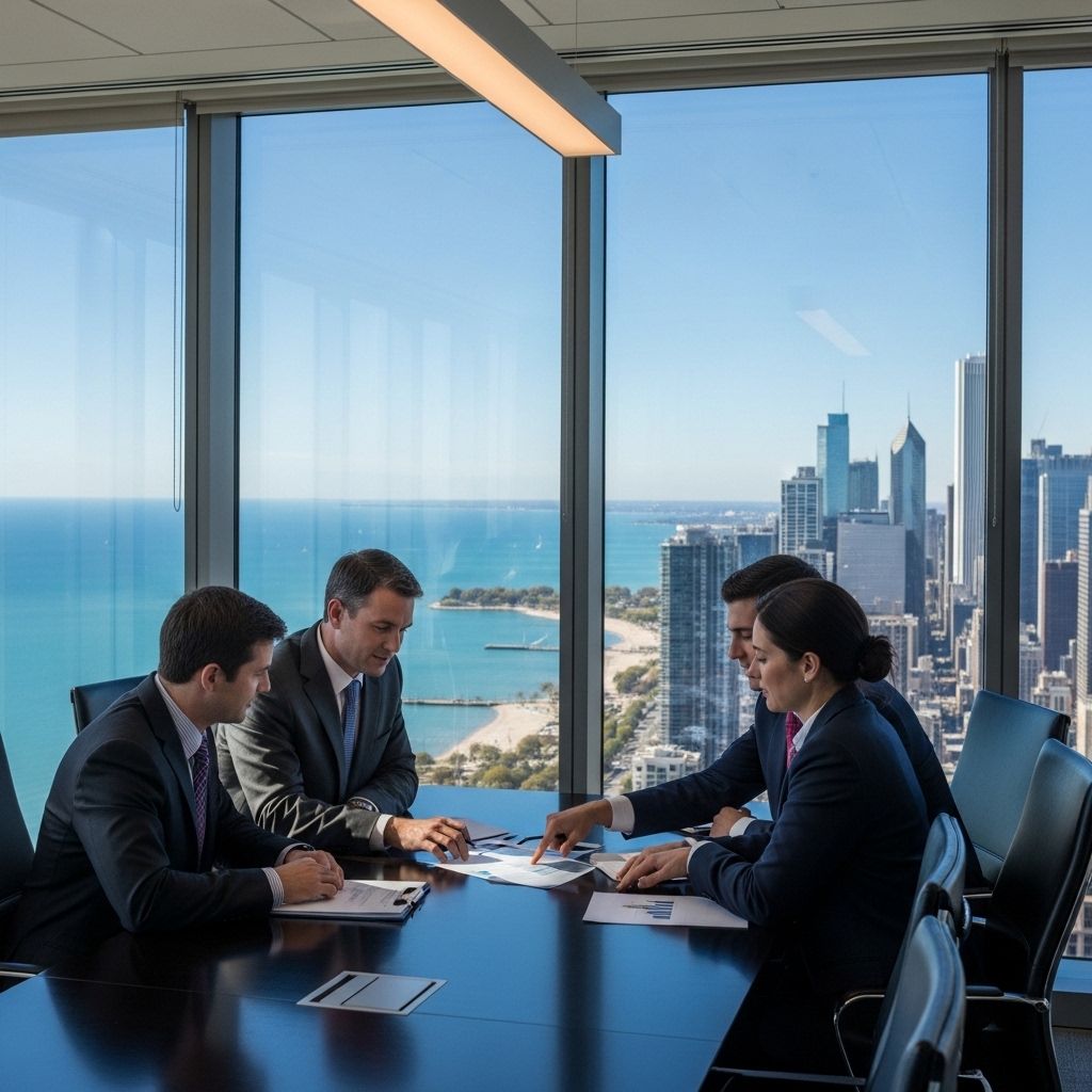 Деловая встреча в стеклянном переговорном зале на высоком этаже небоскрёба в Чикаго, участники в костюмах обсуждают материалы, вид на озеро Мичиган в окнах