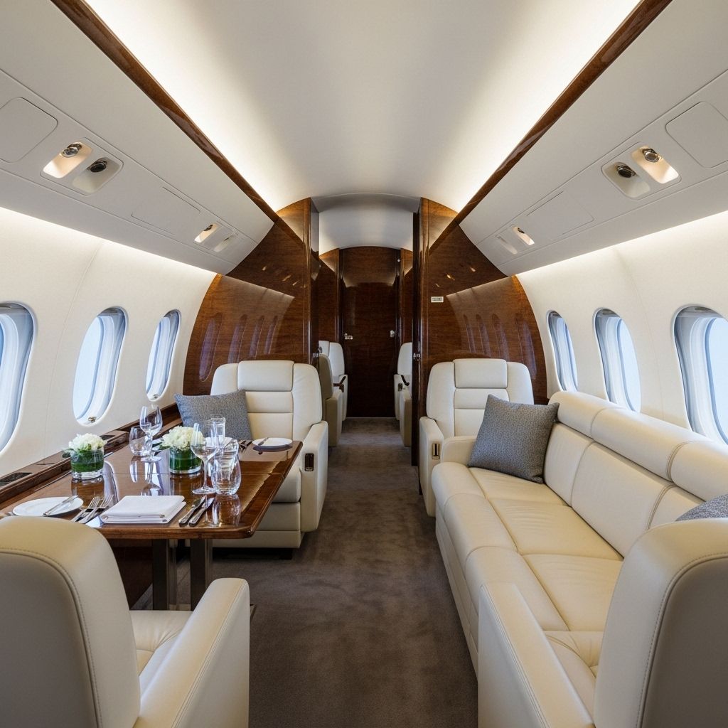 Роскошный салон бизнес-джета Gulfstream G700 с кремовыми кожаными диванами, деревянными панелями ореха, низким освещением и широкими иллюминаторами, напоминающий гостиную частного клуба