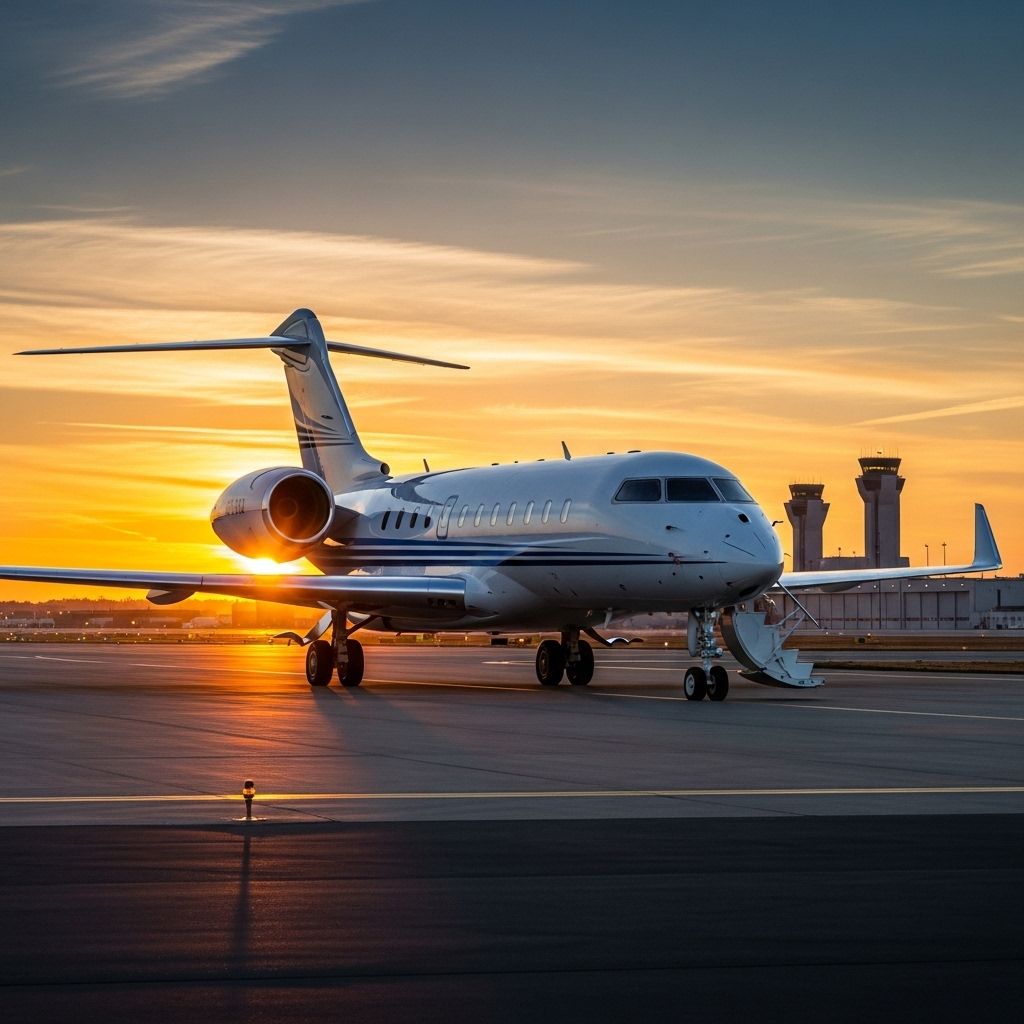 Бизнес-джет Bombardier Global 7500 на взлётно-посадочной полосе в аэропорту на закате, элегантный белый фюзеляж с синими полосами, трап опущен, приготовлен к полёту