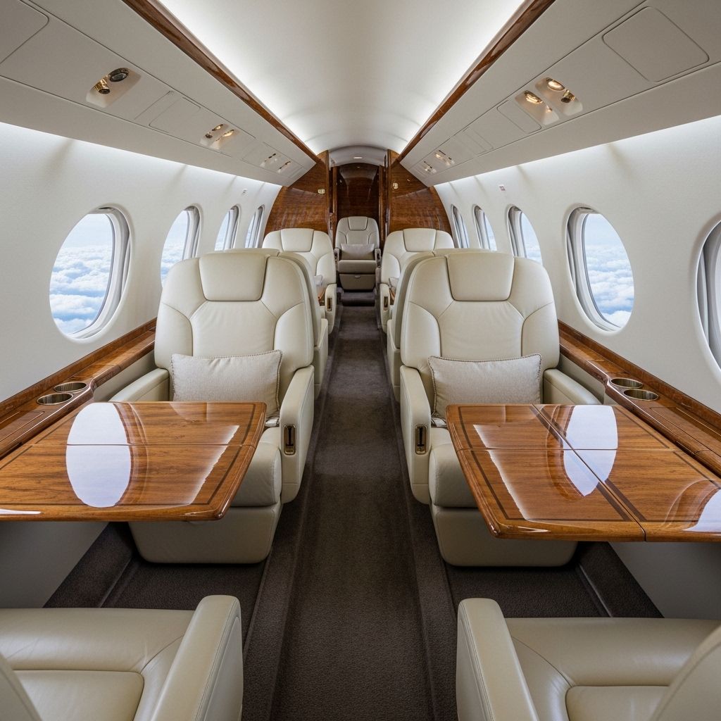 Салон бизнес-джета Gulfstream G700 с кожаными креслами цвета слоновой кости, деревянными столиками и панорамными иллюминаторами с облаками