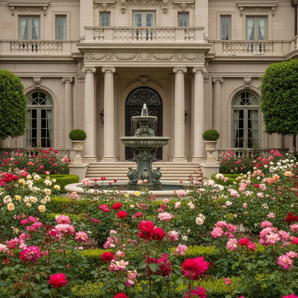 Исторический особняк в стиле французского барокко в Беверли-Хиллз с колоннами, фонтаном у входа, ухоженным садом с розами и подъездной аллеей из платанов