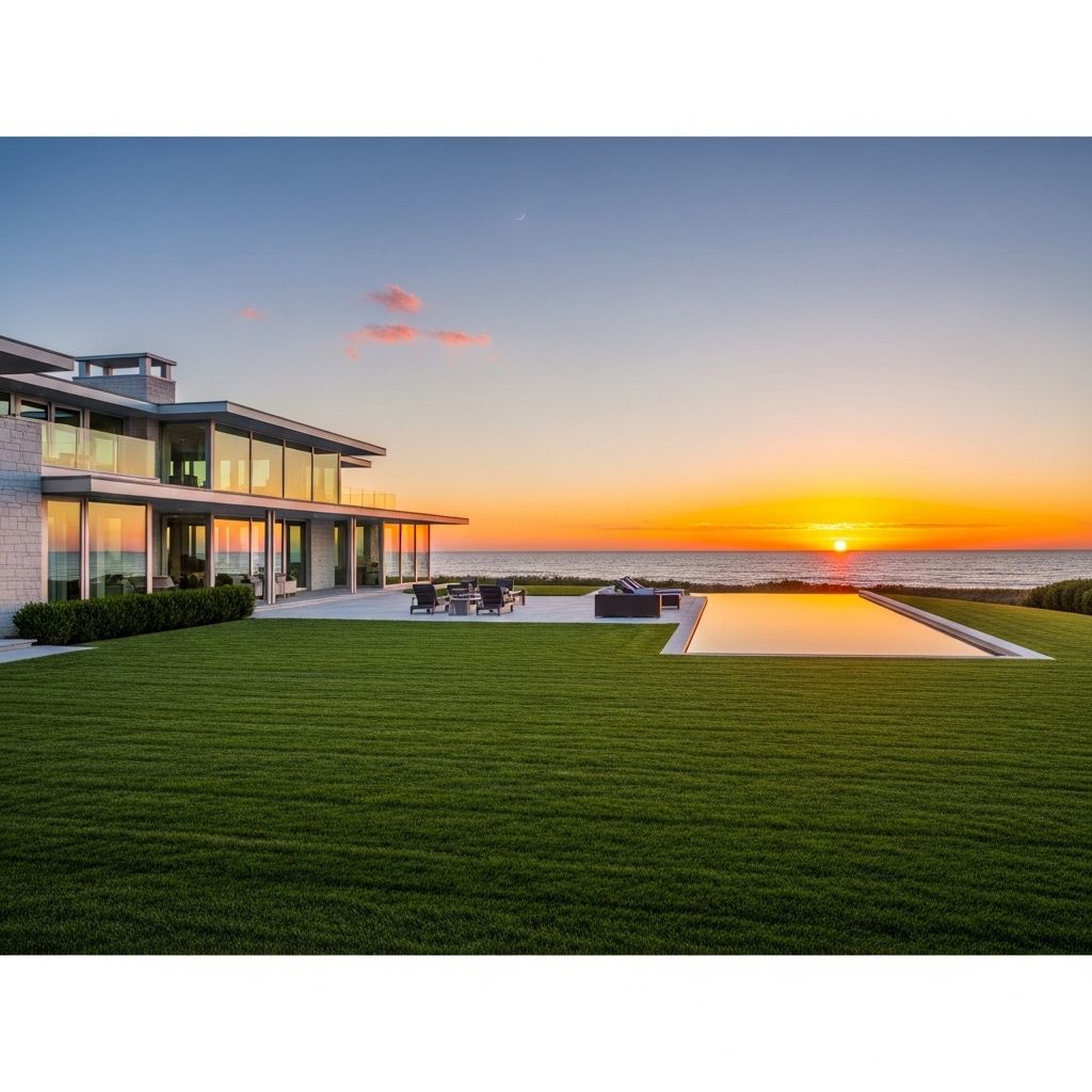 Современный загородный дом в Гемптонс с бассейном-инфинити, зелёным газоном и видом на Атлантический океан, закатное небо