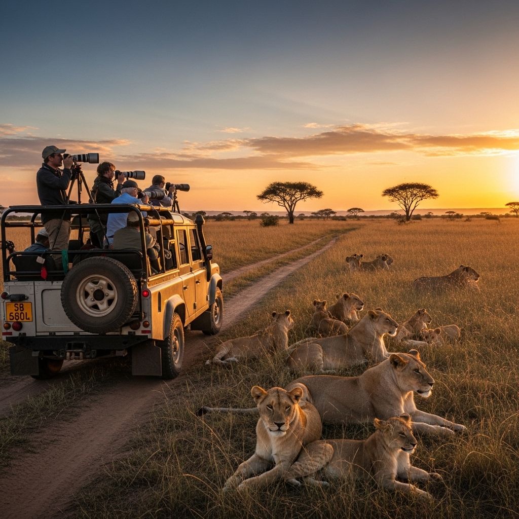 Роскошное сафари в национальном парке Масаи-Мара в Кении, открытый Land Rover Defender с туристами наблюдают за прайдом львов на закате, золотые тона африканской саванны