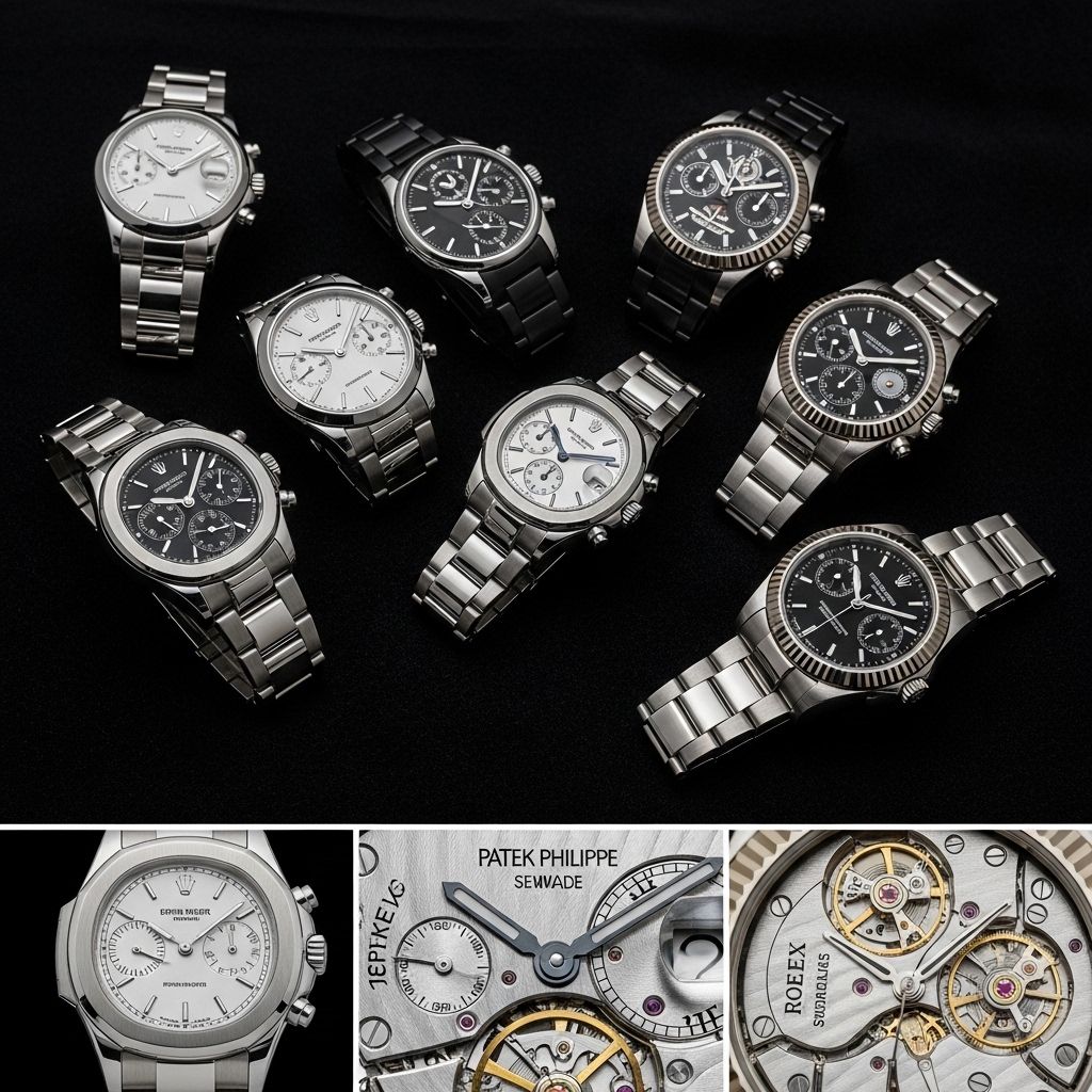 Коллекция швейцарских механических часов Patek Philippe и Rolex, расположенных на чёрном бархате, крупный план механизма с отражением света