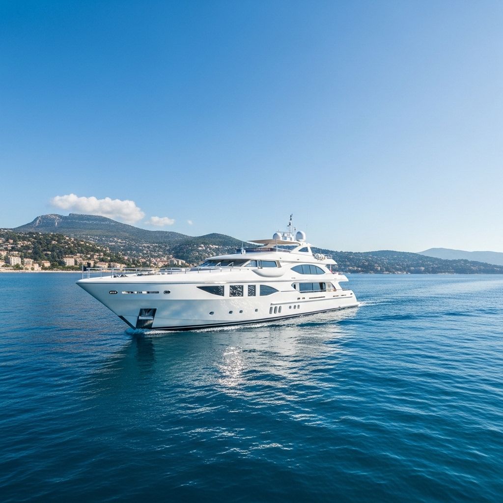 Белоснежная суперяхта длиной около 60 метров в открытом море у берегов Лазурного берега Франции, солнечный день, кристально чистая синяя вода