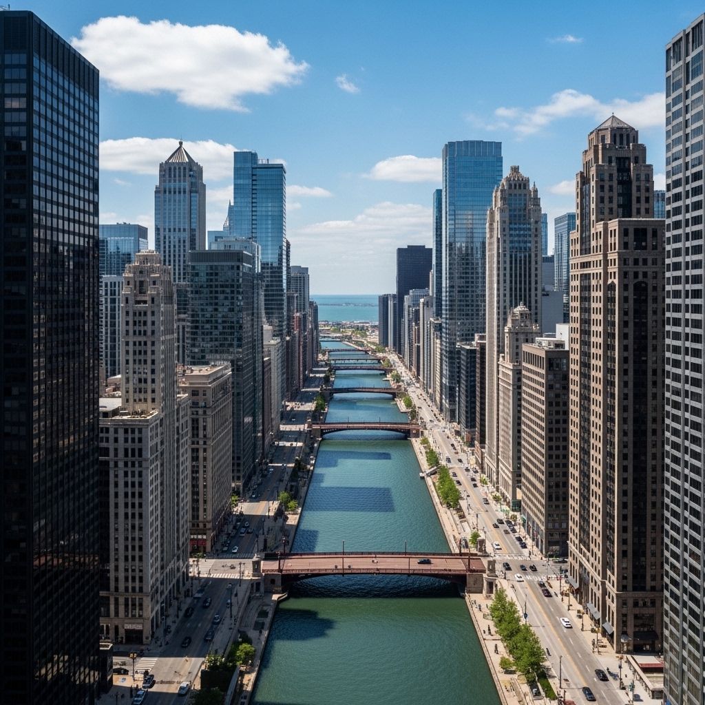 Аэрофотосъёмка деловой части Чикаго вдоль реки Чикаго-Ривер с небоскрёбами, Мичиган-авеню, исторический Мэгнифисент-Майл, вид с высоты птичьего полёта в солнечный день