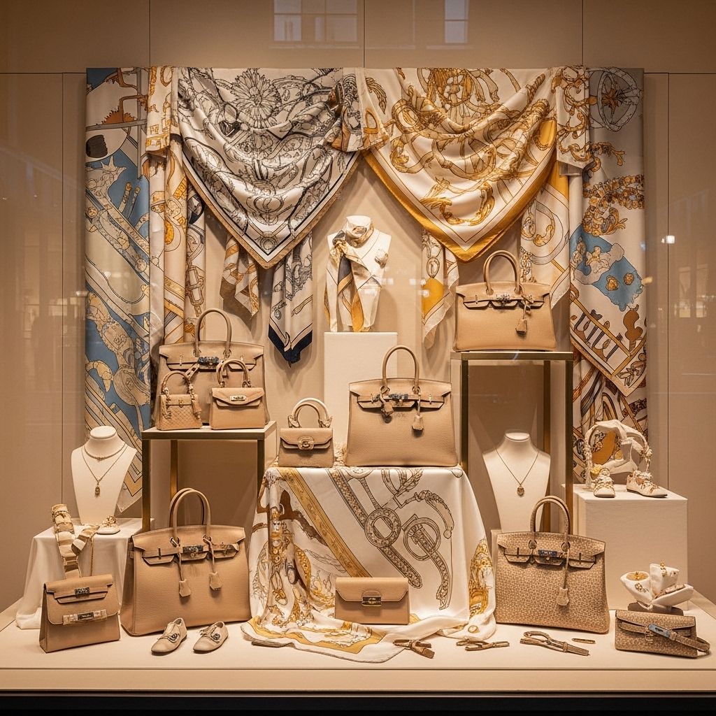 Витрина бутика Hermès на Мичиган-авеню в Чикаго с выставленными шёлковыми платками, кожаными сумками Birkin и аксессуарами в бежево-золотой гамме