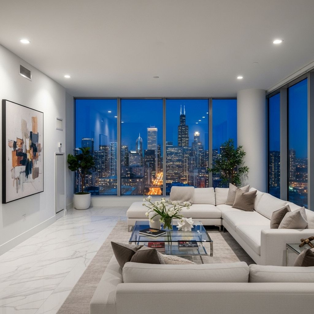Современный пентхаус с панорамными окнами от пола до потолка, видом на небоскрёбы Чикаго ночью, белоснежный интерьер с мраморными полами и камином