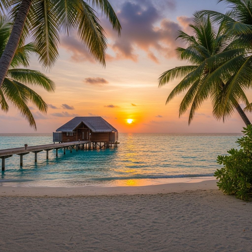 Частный пляж с бирюзовой водой на Мальдивах, деревянный бунгало над водой с соломенной крышей, пальмовые деревья и безоблачное небо на закате
