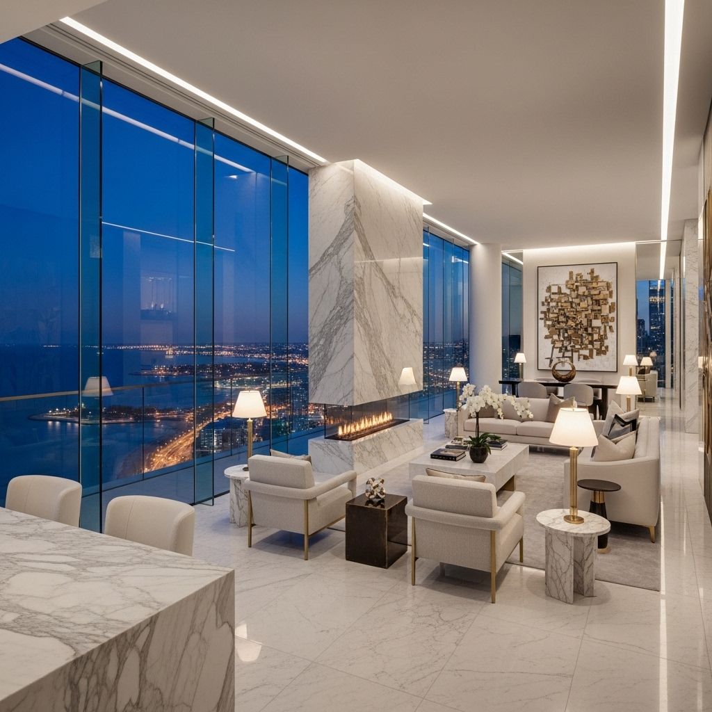 Панорамный вид современного роскошного пентхауса с видом на ночные огни Чикаго и озеро Мичиган, стеклянные стены, дизайнерский интерьер с мраморными поверхностями и позолоченными акцентами