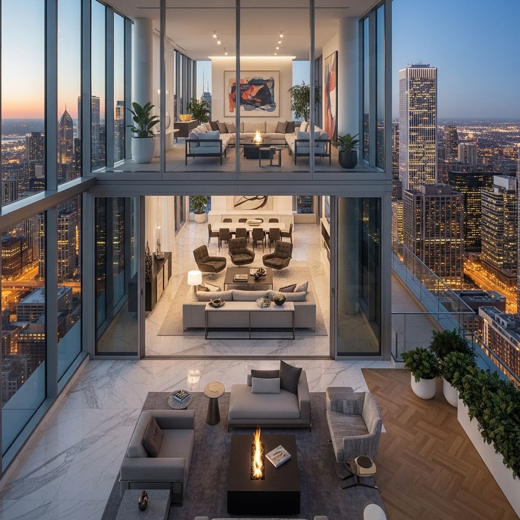 Величественный современный пентхаус с панорамными стеклянными стенами и террасой на крыше небоскрёба, ночной Чикаго с сияющими огнями внизу, интерьер с мрамором и деревянным паркетом