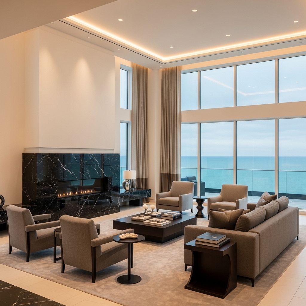 Просторная гостиная пентхауса с высотой потолков 4.5 метра, белоснежными стенами, дизайнерской мебелью Minotti, камином из чёрного мрамора и панорамными окнами с видом на озеро Мичиган