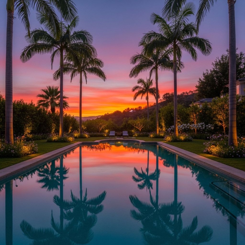 Бассейн с отражающей поверхностью на территории загородного особняка в Беверли-Хиллз, окружённый пальмами и ухоженным садом, вечерняя подсветка, закат над калифорнийскими холмами