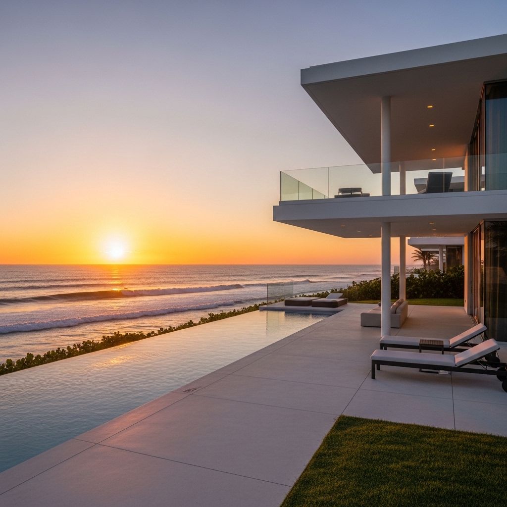 Современная вилла с плоской крышей на берегу океана в Майами, минималистичный дизайн с большими террасами, инфинити-бассейн, выходящий прямо к линии прибоя, закатное освещение