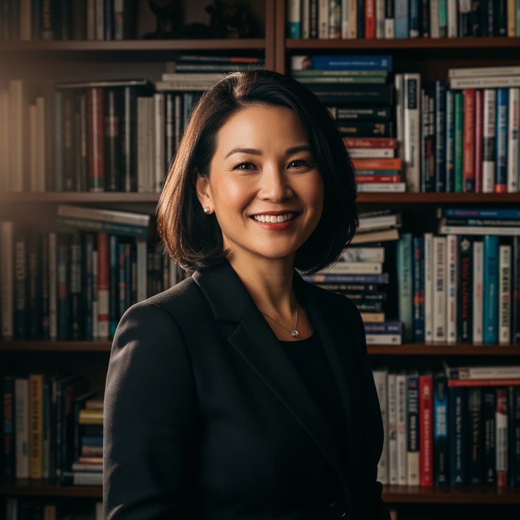 Профессиональный портрет главного редактора Tenaro, деловая женщина 40 лет в элегантном чёрном пиджаке, улыбается на фоне книжных полок в офисе