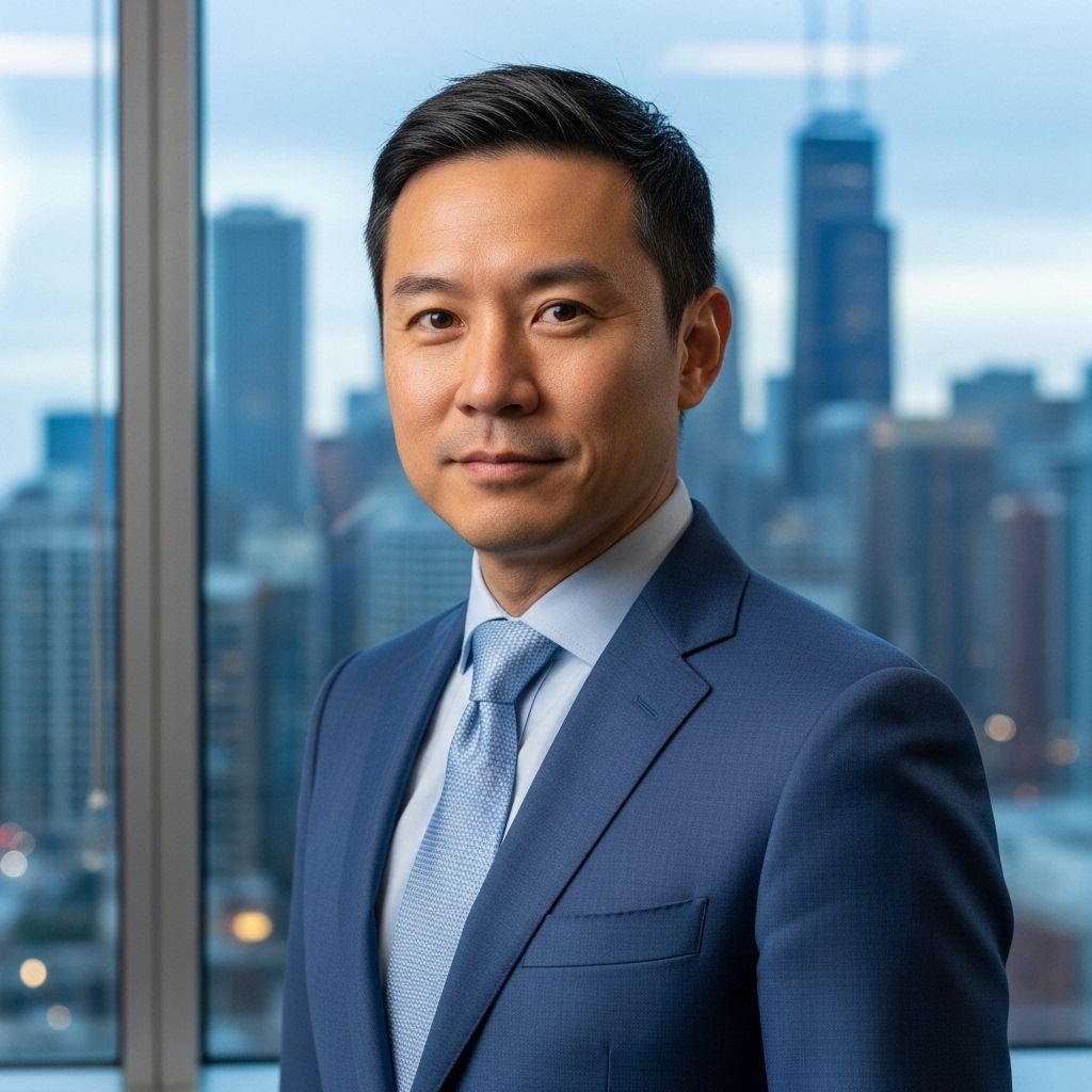 Портрет бизнес-обозревателя Tenaro, мужчина 45 лет в классическом синем костюме, уверенный взгляд, на фоне офиса с видом на Чикаго