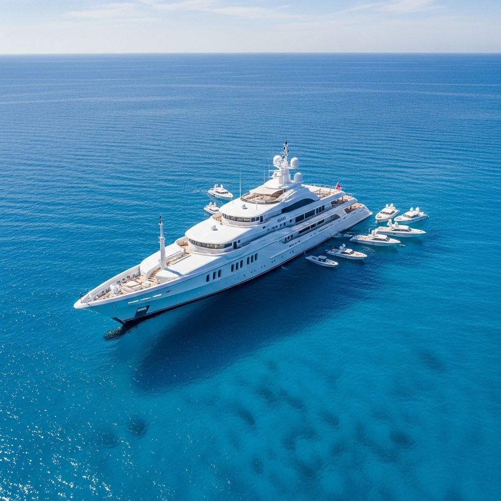 Величественная белоснежная суперяхта длиной около 80 метров в открытом Средиземном море, вид с воздуха, кристально прозрачная лазурная вода, несколько тендеров рядом с бортом, голубое небо